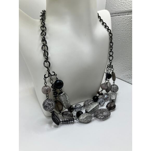 3 Tier Sparkly Silver-Tone, Gray & Clear Beaded Chain 24.5" Necklace! - Picture 4 of 11